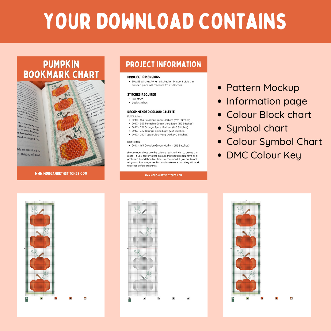 Pumpkin Bookmark - PDF Instant Download Cross Stitch Pattern
