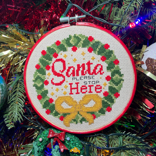Santa Please Stop Here Christmas Wreath - PDF Instant Download Cross Stitch Pattern