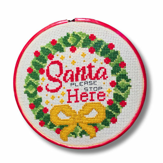 Santa Please Stop Here Christmas Wreath - PDF Instant Download Cross Stitch Pattern